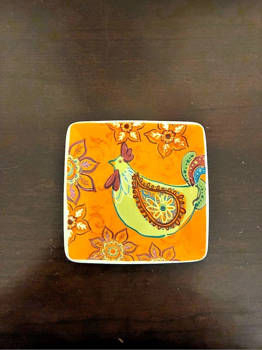 Floral chicken Serving Dish in Orange & Green
